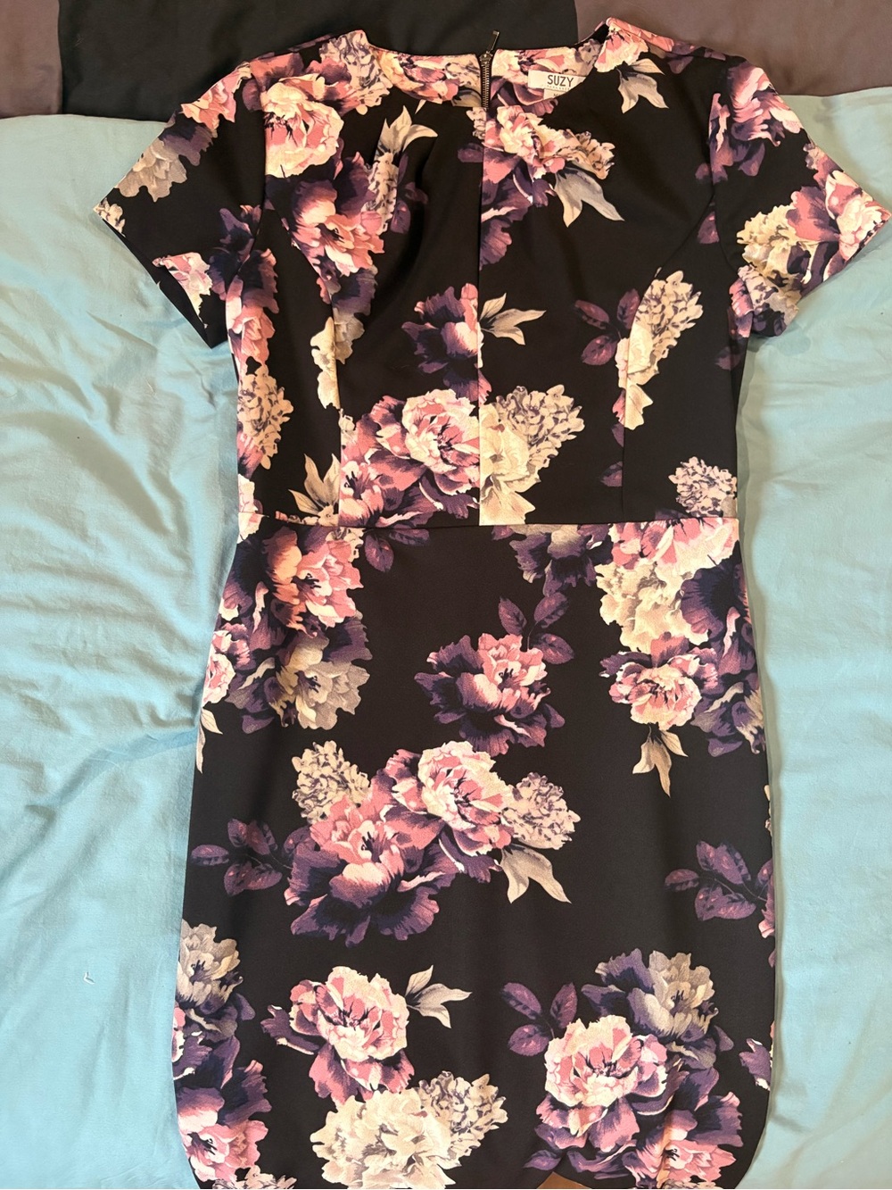 Suzy Shier Black Mini Dress with Pink & Purple Floral Print